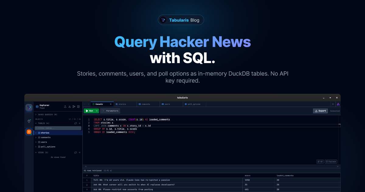Query Hacker News with SQL: a New Plugin for Tabularis