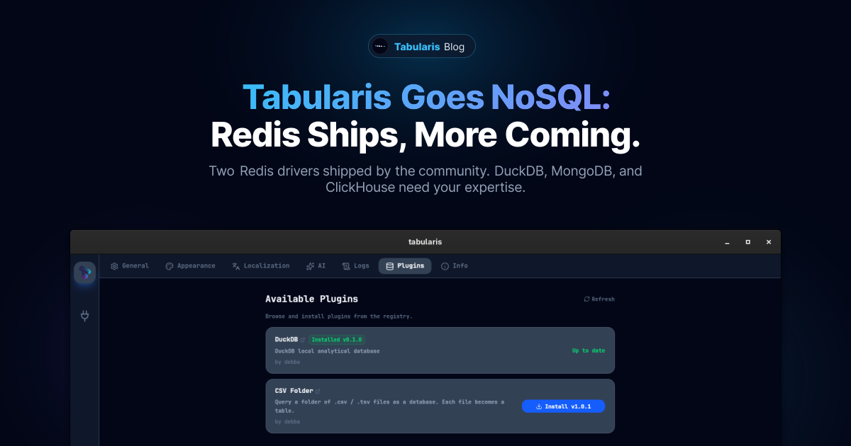 Tabularis Goes NoSQL: Redis Ships, MongoDB and ClickHouse Need You