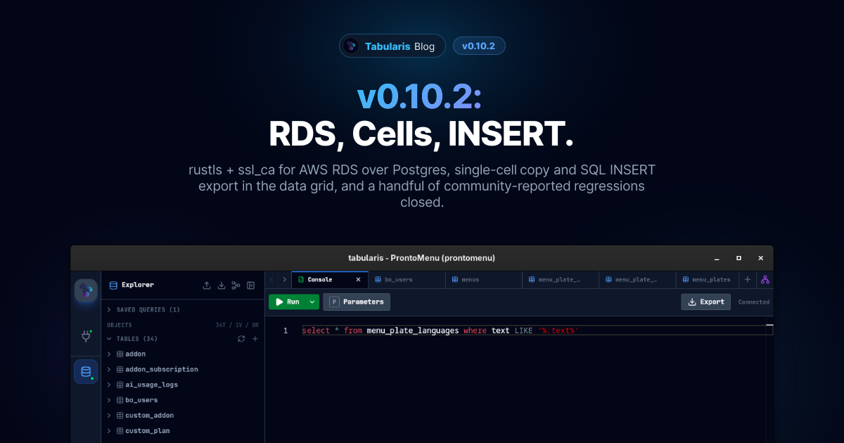 v0.10.2: Postgres on AWS RDS, Cell-Level Copy, and SQL INSERT Export
