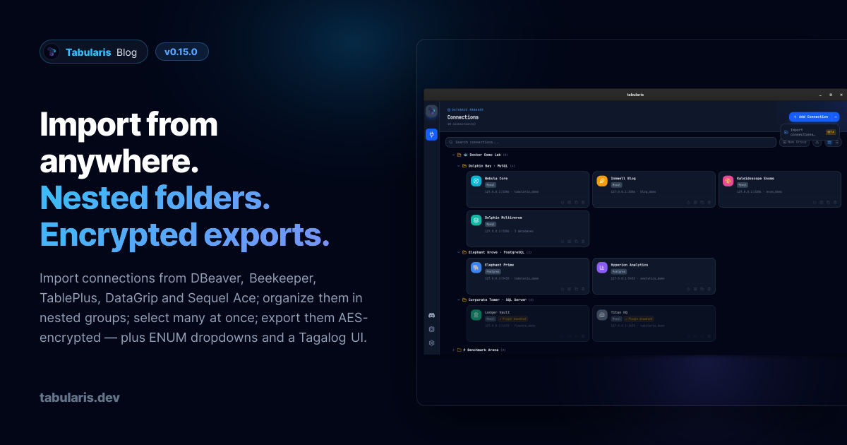 v0.15.0: Bring Your Connections With You — Imports, Nested Groups, and Encrypted Exports