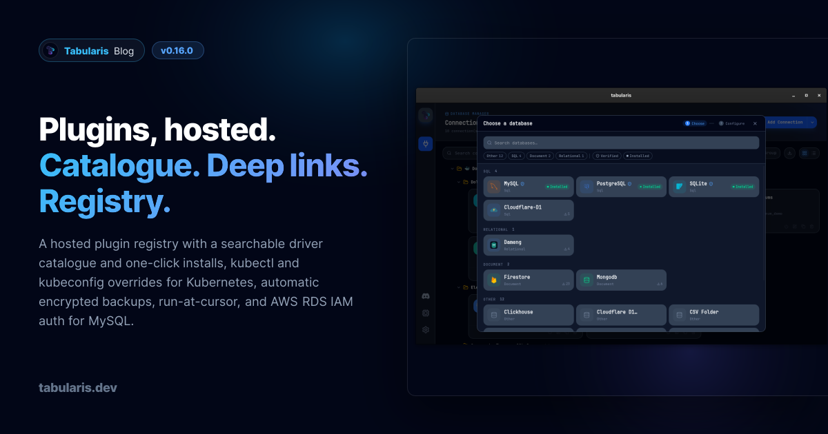 v0.16.0: A Hosted Plugin Registry, Kubernetes Your Way, and Backups That Encrypt Themselves