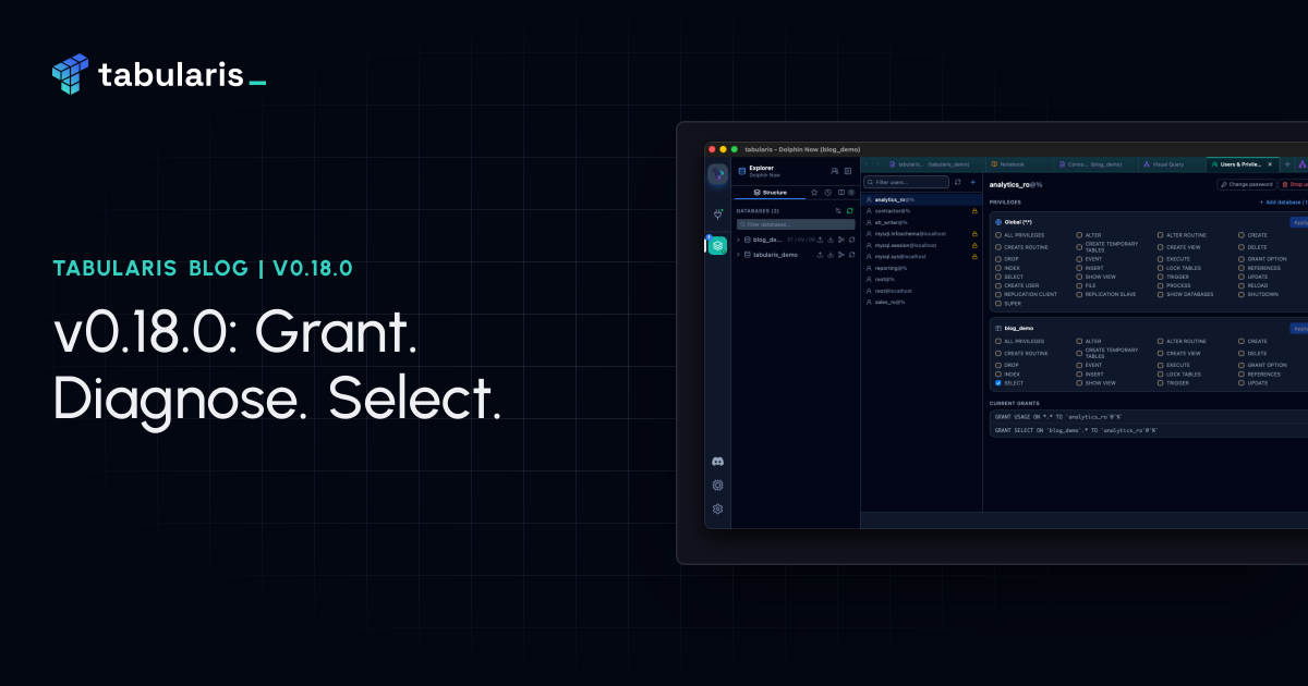 v0.18.0: Users and Privileges, a Connection Test That Tells You Where It Failed, and a Data Grid You Can Actually Select