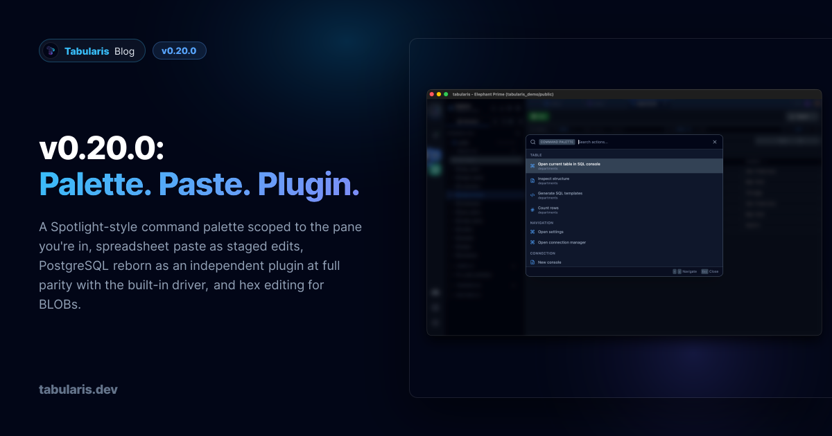 v0.20.0: A Command Palette That Knows Which Pane You're In, Paste That Works Like a Spreadsheet, and PostgreSQL Moves Out of the Core
