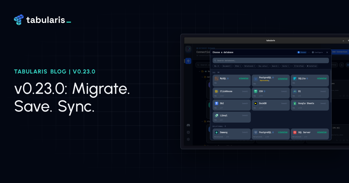 v0.23.0: The PostgreSQL Plugin Takes Over From the Built-in Driver, SQL Files Open in Editor Tabs, and a Data Folder You Can Sync