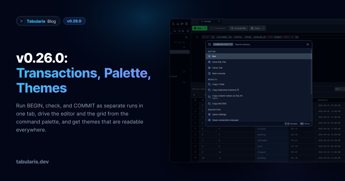 v0.26.0: Transactions That Span Runs, a Command Palette That Acts, and Themes That Reach Every Pixel