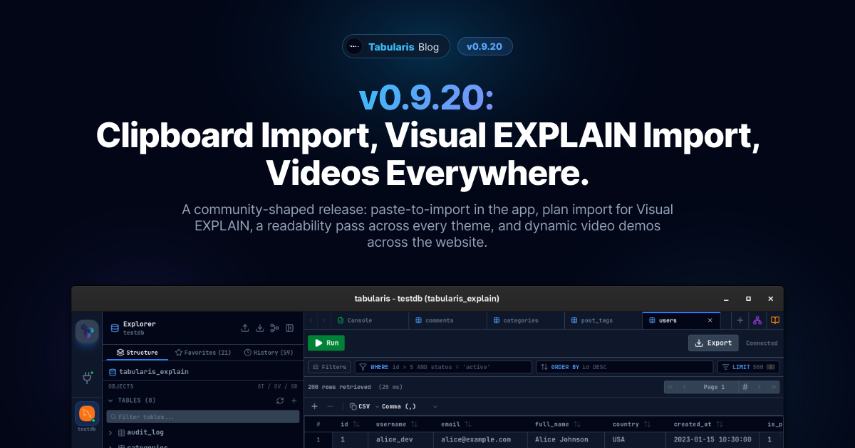 v0.9.20: Clipboard Import, Visual EXPLAIN Import, and a Community Look & Feel
