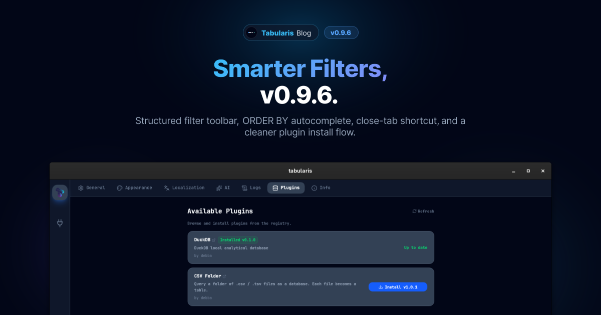 Smarter Filters, Close Tab, and a Better Plugin Install: v0.9.6