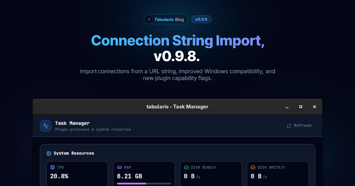 Connection String Import, Visual Query Builder Fix, and More: v0.9.8