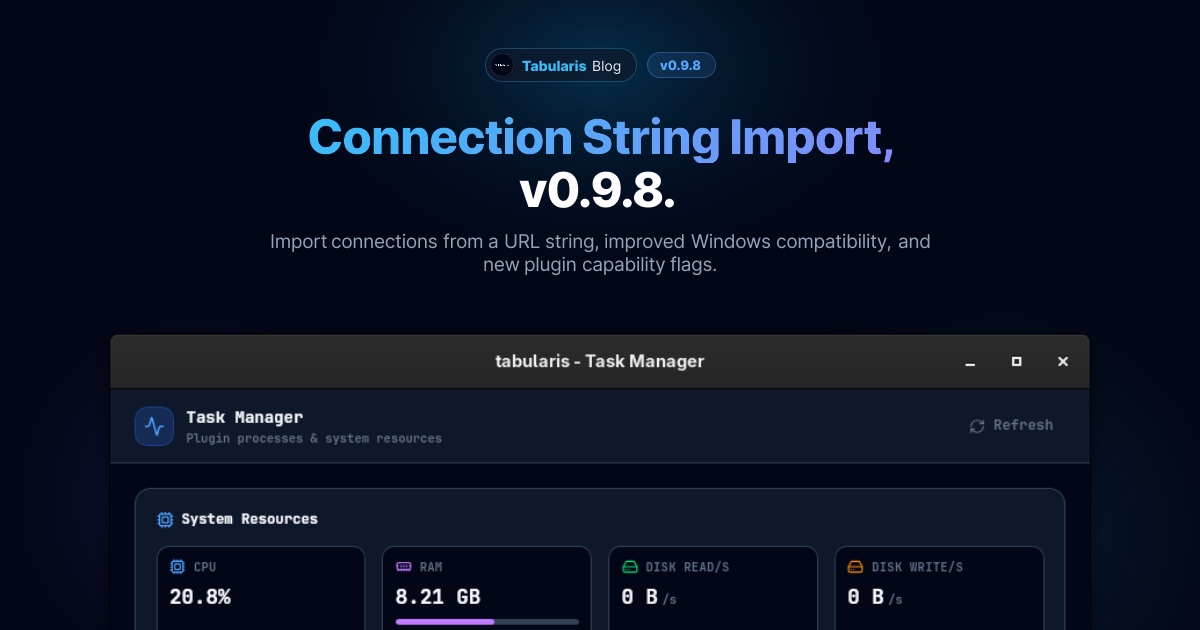 Connection String Import, Visual Query Builder Fix, and More: v0.9.8