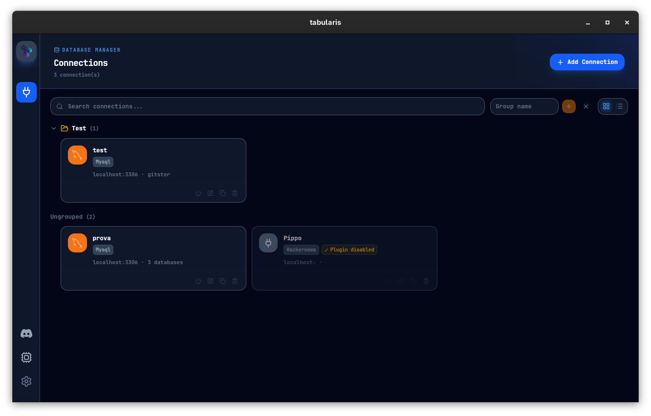Sidebar showing connections organized into collapsible group folders