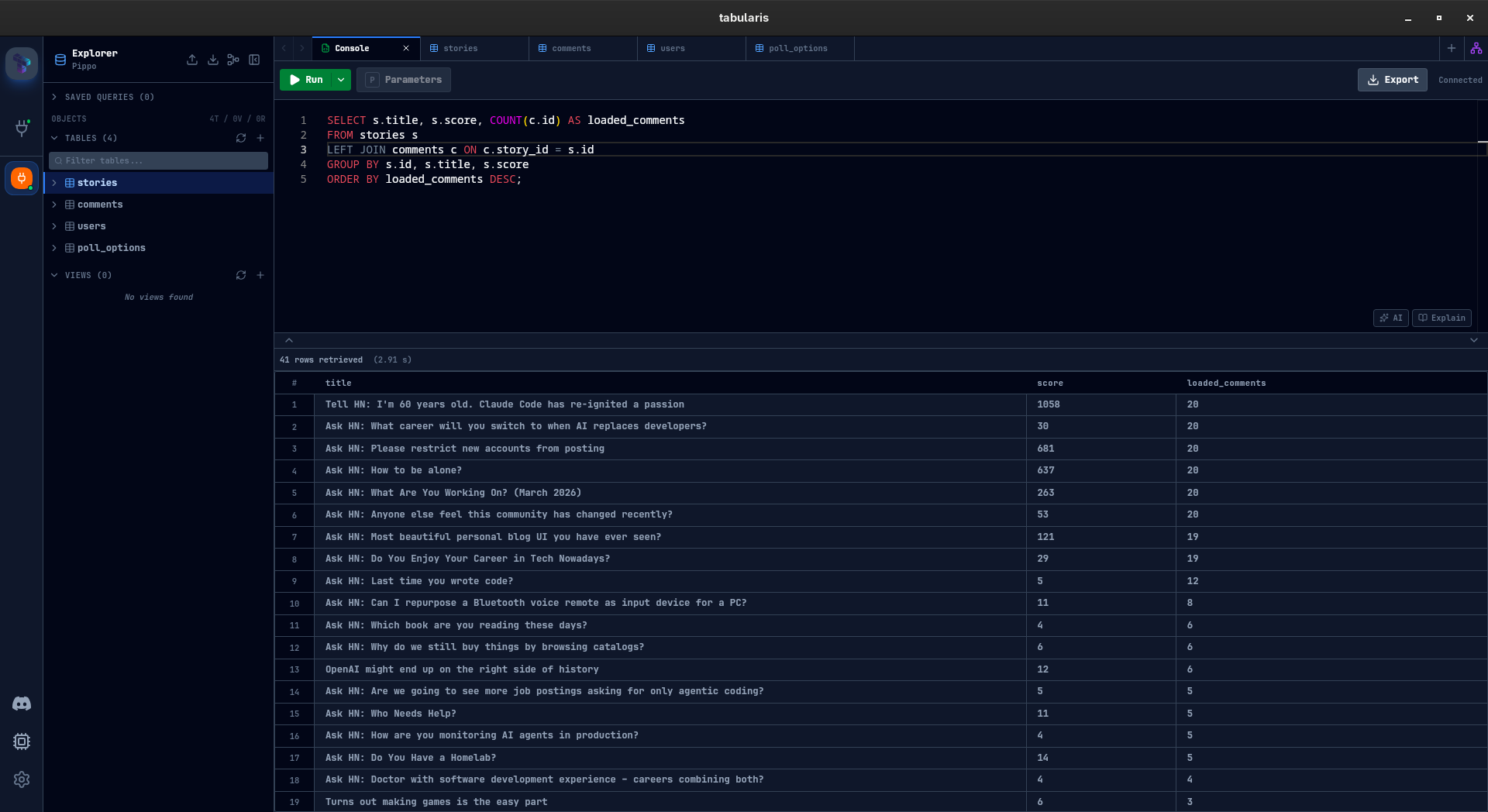 Hacker News plugin in Tabularis — querying stories with SQL