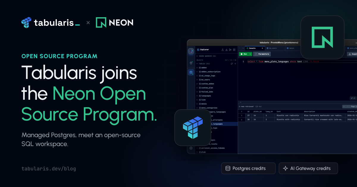 Tabularis joins the Neon Open Source Program
