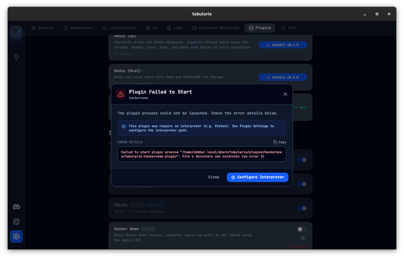 Plugin startup error modal with error output and Configure Interpreter button