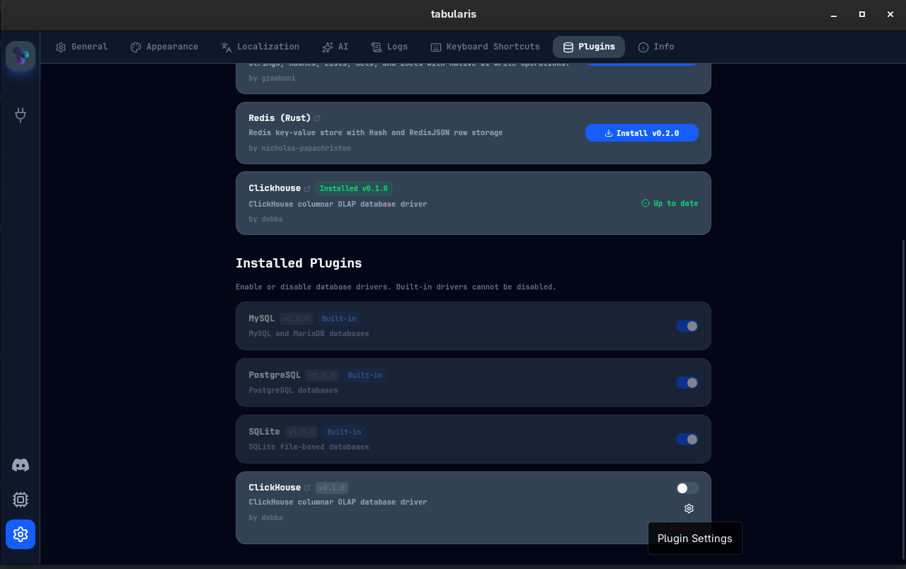 Plugin Settings gear icon in the Installed Plugins list