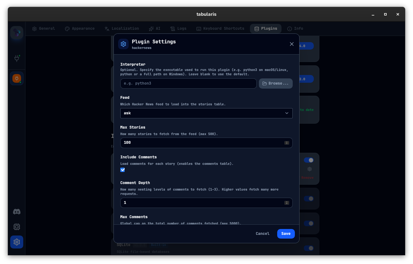 PluginSettingsModal with interpreter path field and file picker