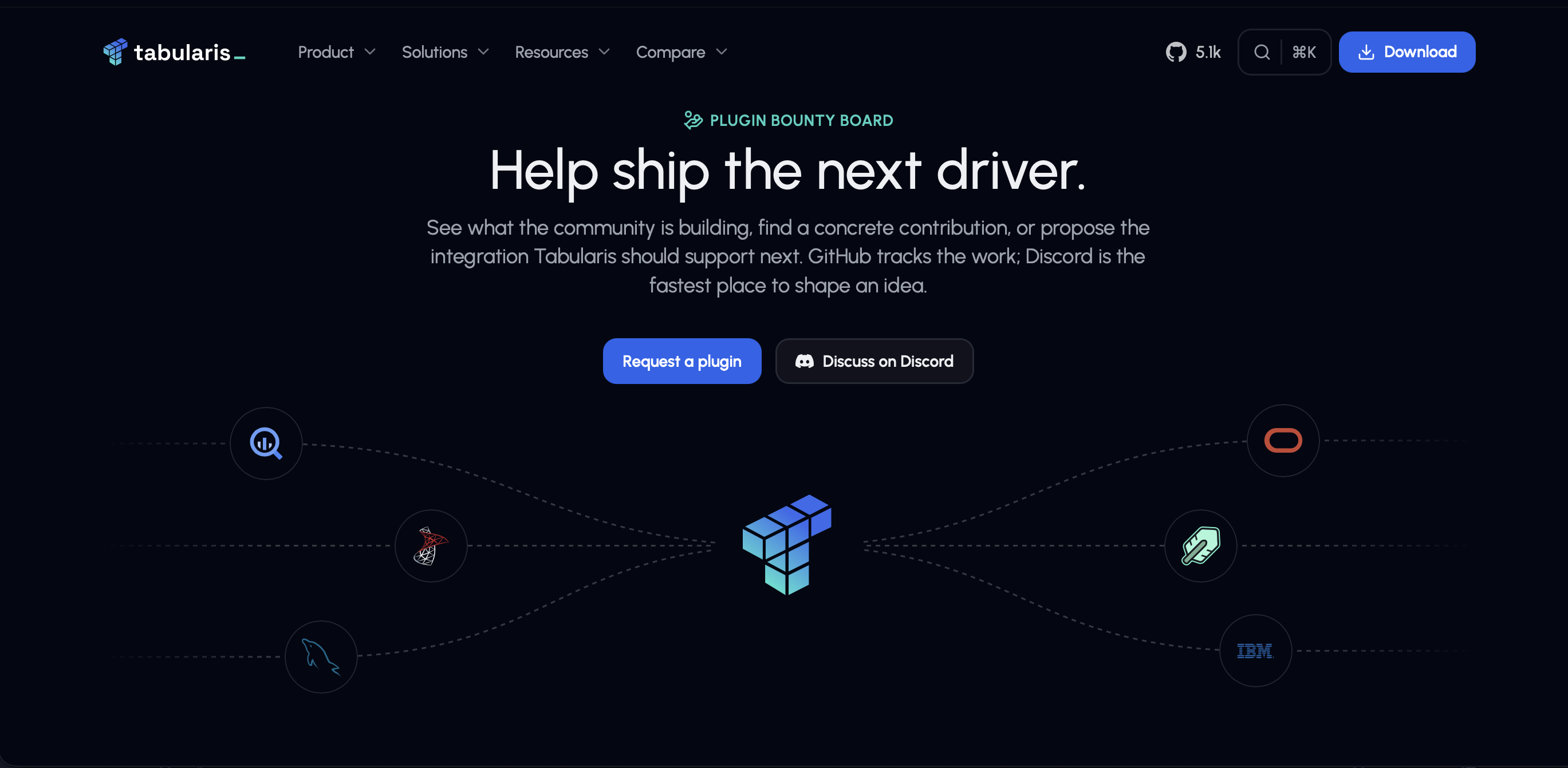 Plugin bounty board hero simplified to six database logos orbiting the product mark with two calls to action