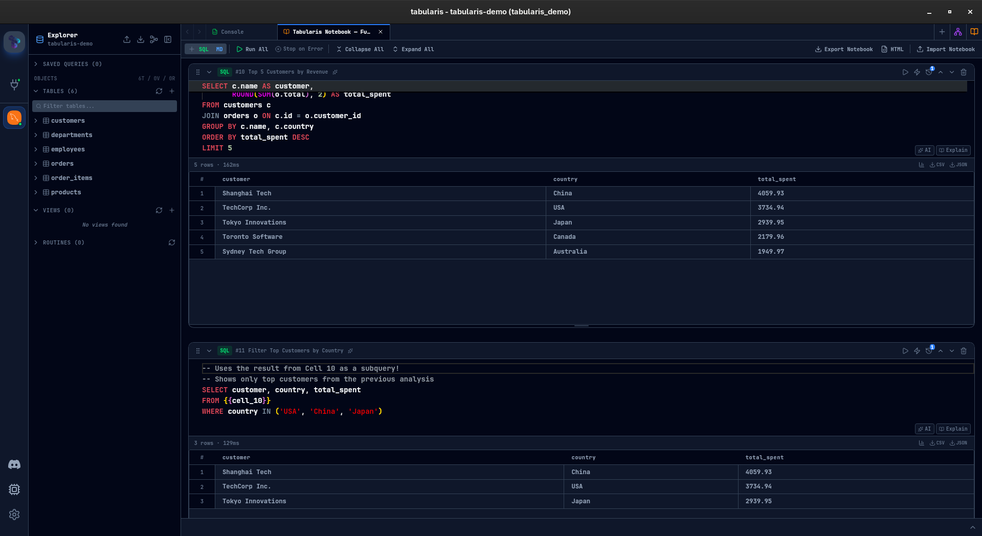 Two SQL cells with cell reference — Cell 11 filters results from Cell 10 using CTE syntax