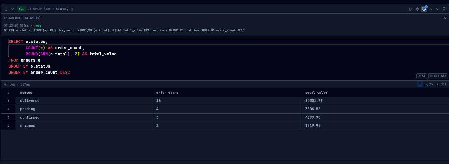 Execution history panel showing timestamp, duration, and row count for previous query runs