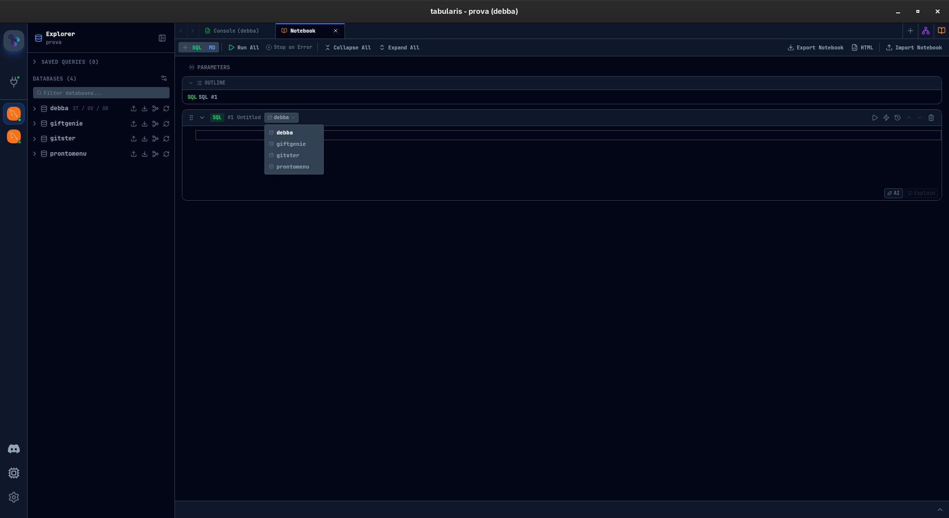 SQL cell with database selector dropdown showing multiple MySQL, PostgreSQL, and SQLite connections