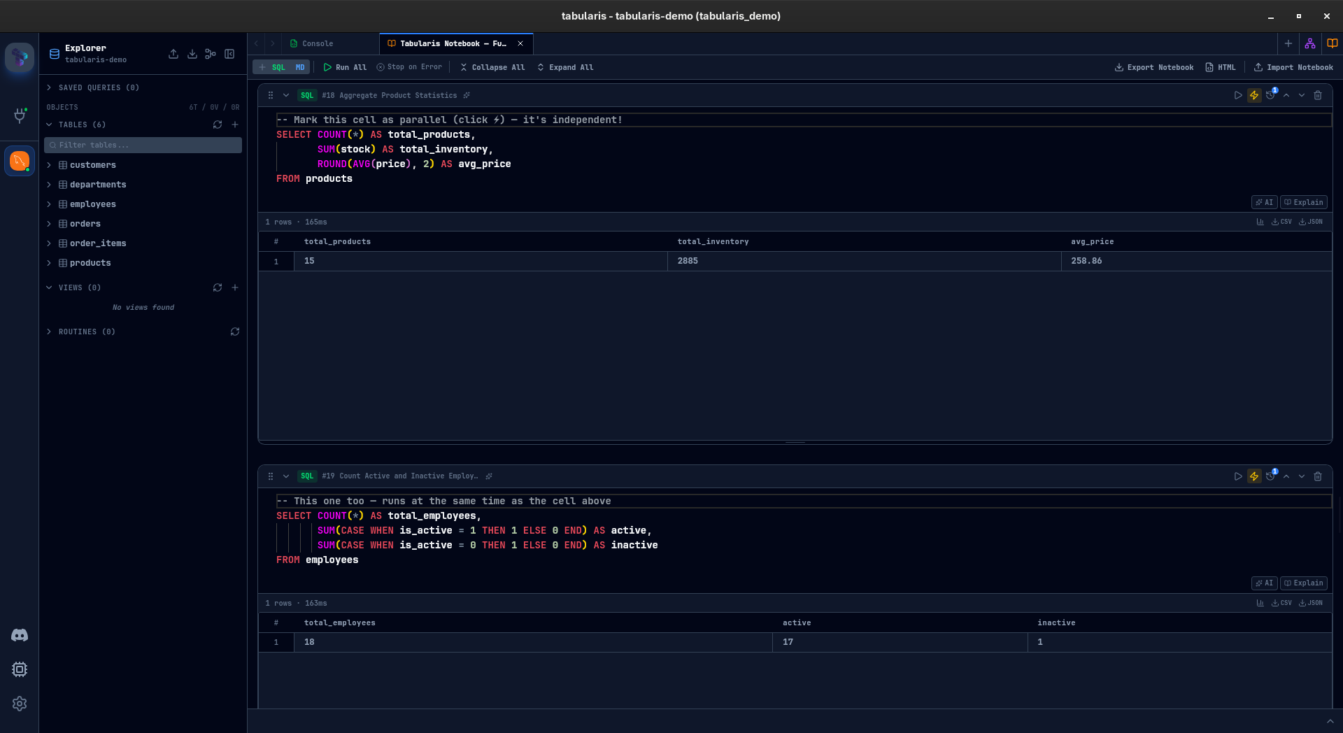 Two SQL cells with parallel execution lightning bolt icons enabled for concurrent running