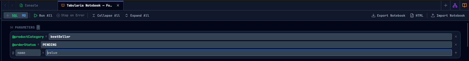 Notebook parameters panel with productCategory and orderStatus variables defined