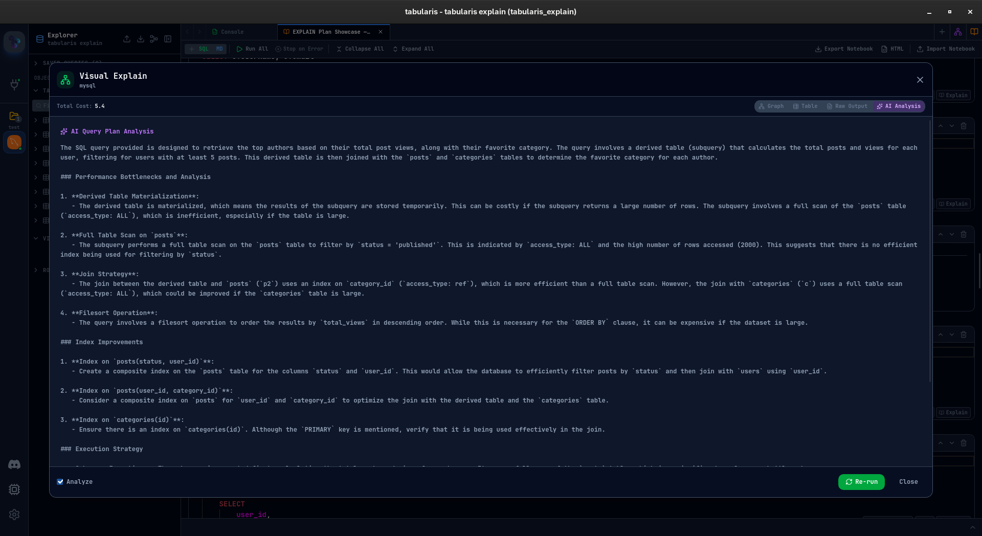 AI analysis view with structured performance recommendations and optimization suggestions