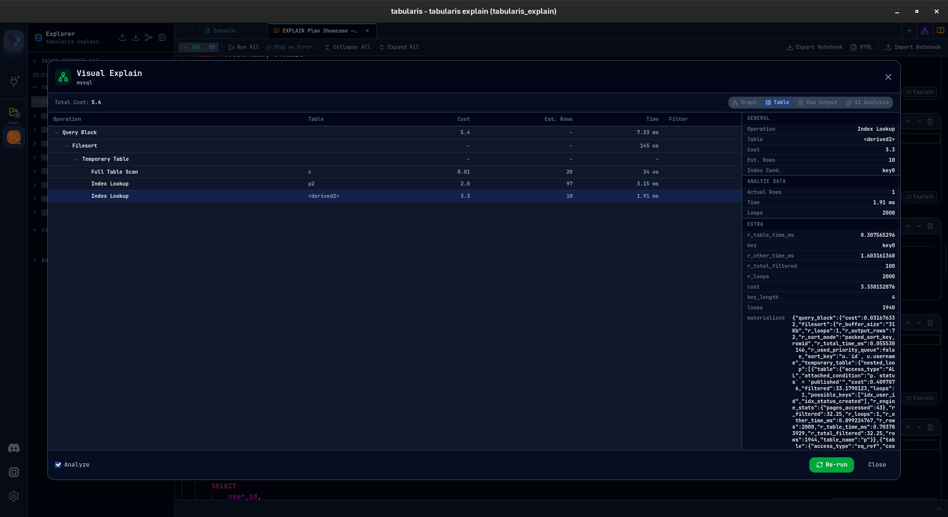 Table view with hierarchical tree, cost columns, and node detail panel