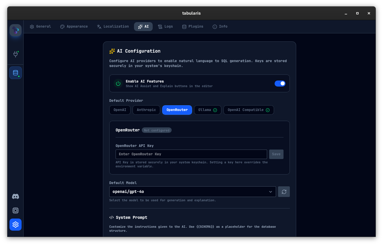 AI Settings in Tabularis v0.8.0