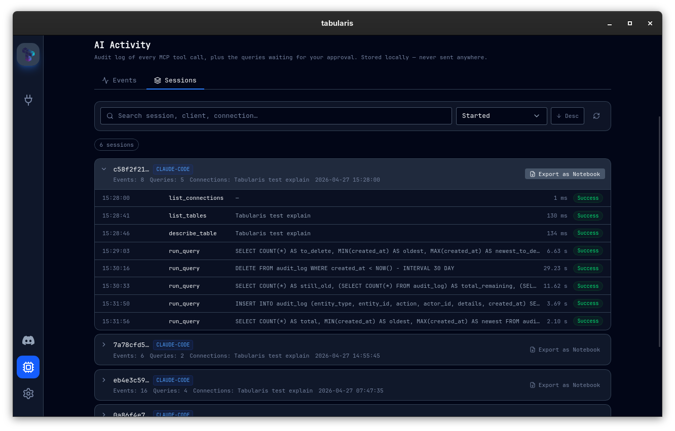 MCP Activity panel grouped by sessions, with Export as Notebook button