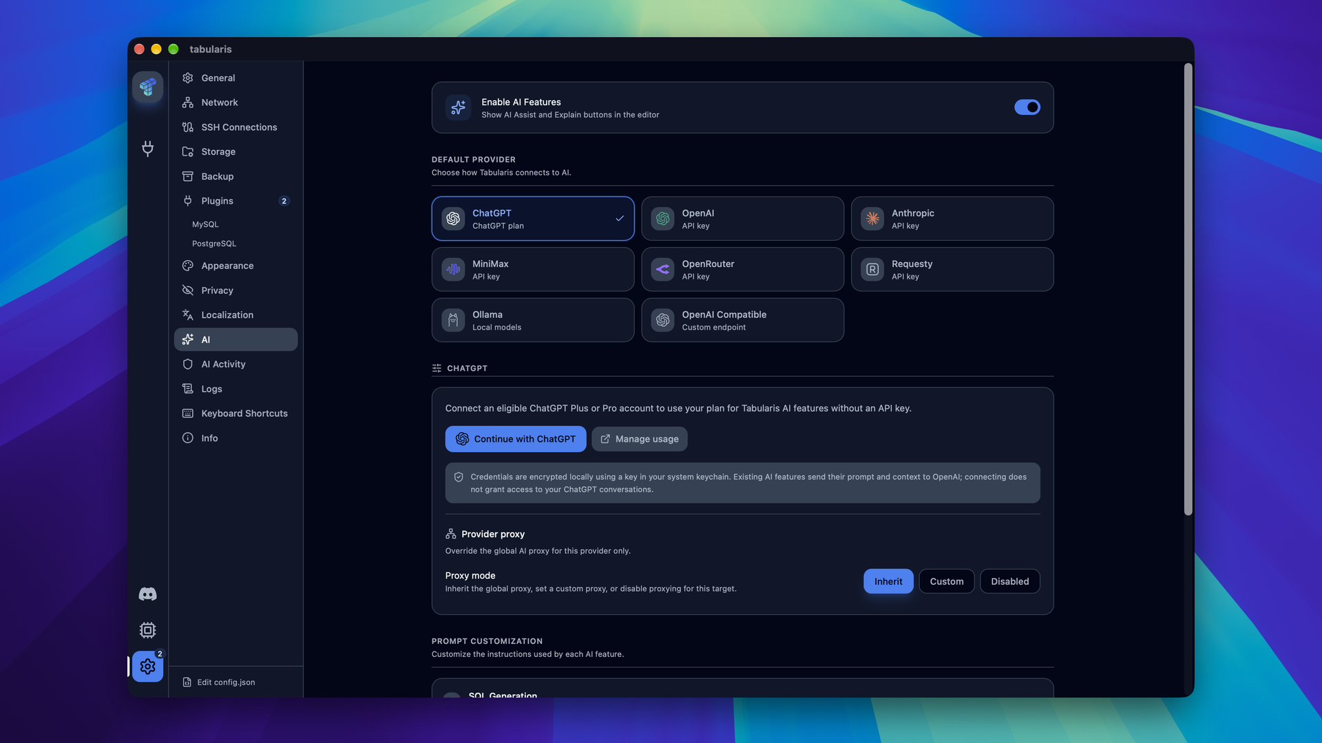 Settings, AI: the provider cards with ChatGPT selected, the Continue with ChatGPT button and the note on locally encrypted credentials