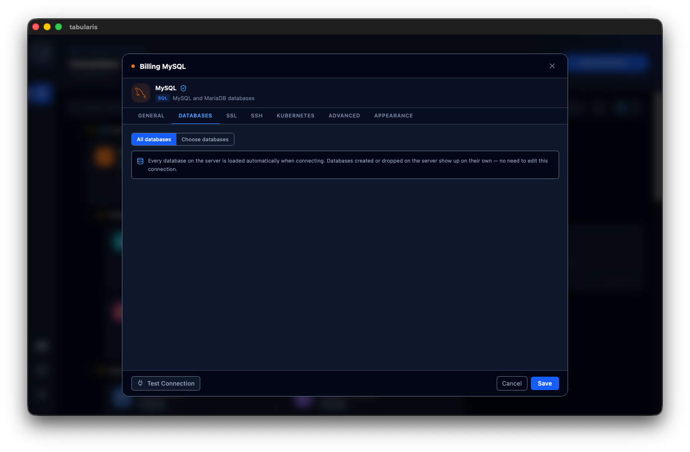 The Databases tab with the All databases / Choose databases mode switch set to All databases, and the hint explaining that every database on the server is loaded at connect time