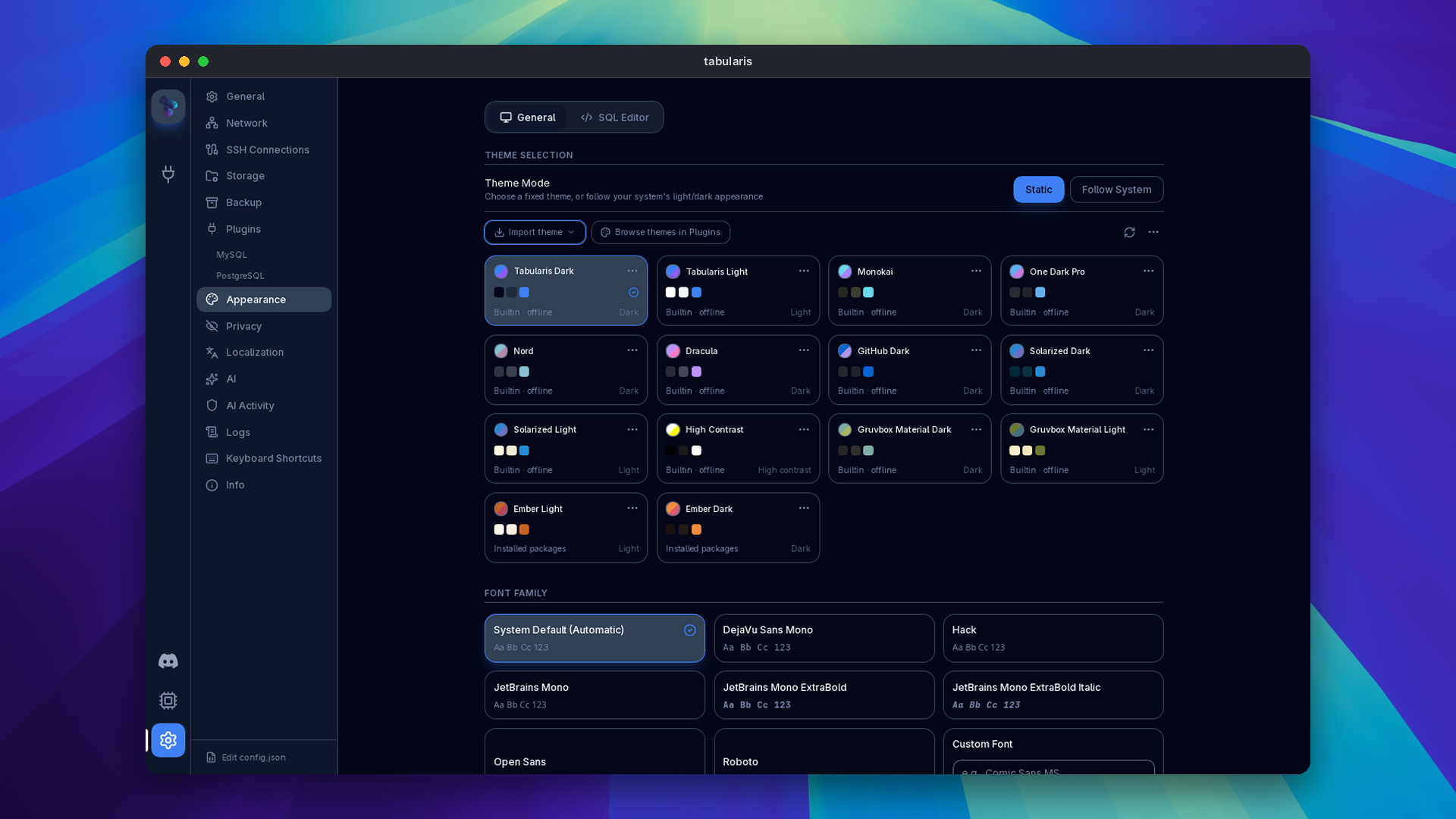 Appearance settings with built-in and installed theme variants