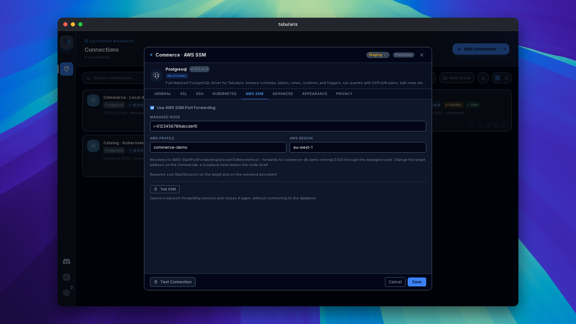 AWS SSM connection settings with managed node, profile, region and resolved forwarding document