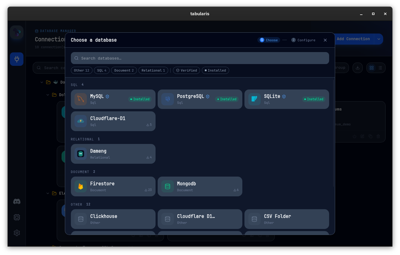 The connection catalogue merging built-in drivers and registry plugins, with paradigm facets, Installed badges, and per-plugin download counts