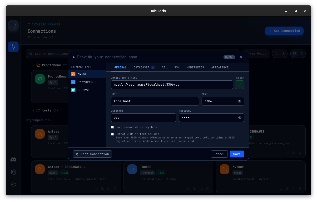 The New Connection modal parsing a connection string into host, port, username, and password fields, with the green check confirming a successful parse
