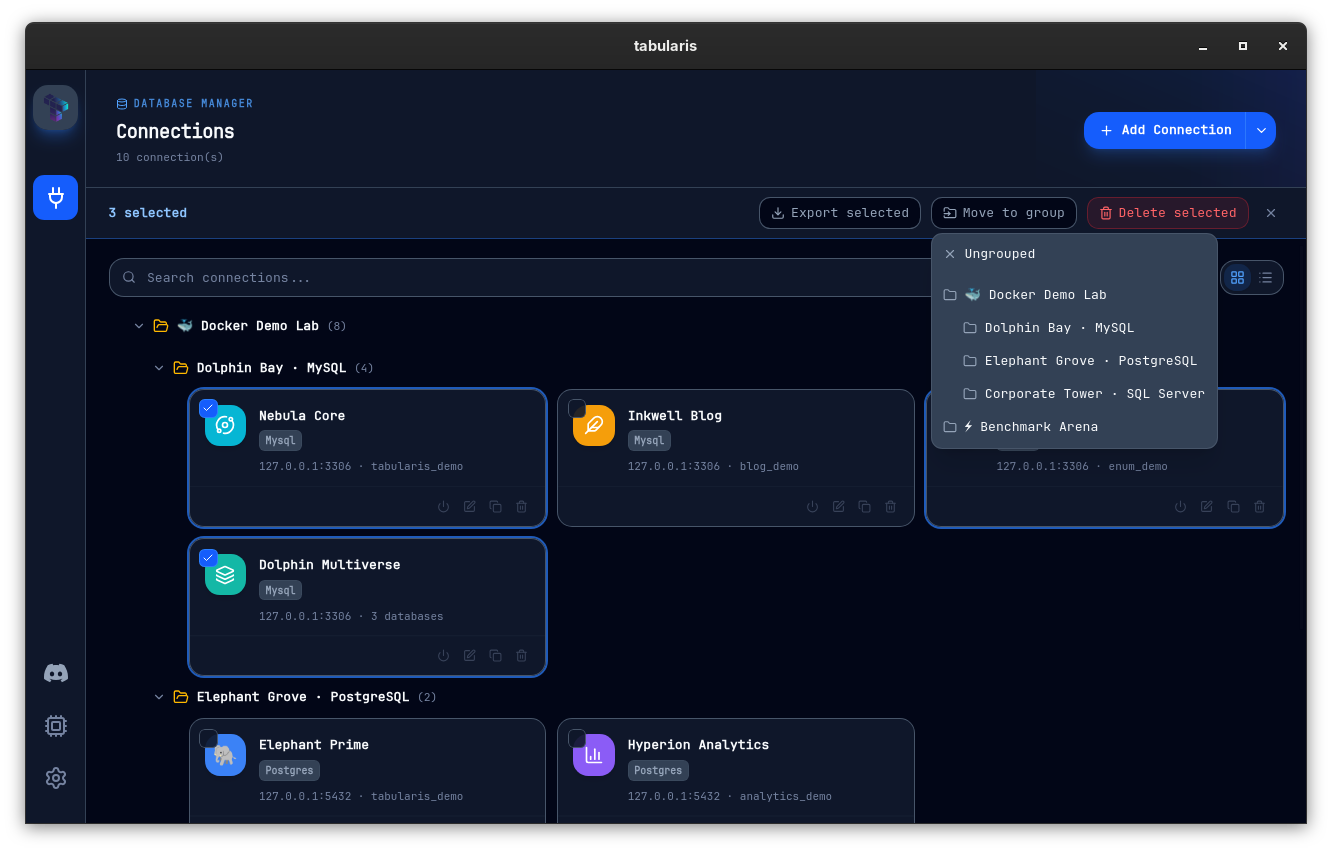 Three connections selected in the grid, with the pinned action bar showing Export selected, the Move to group submenu open on the nested group tree, and Delete selected