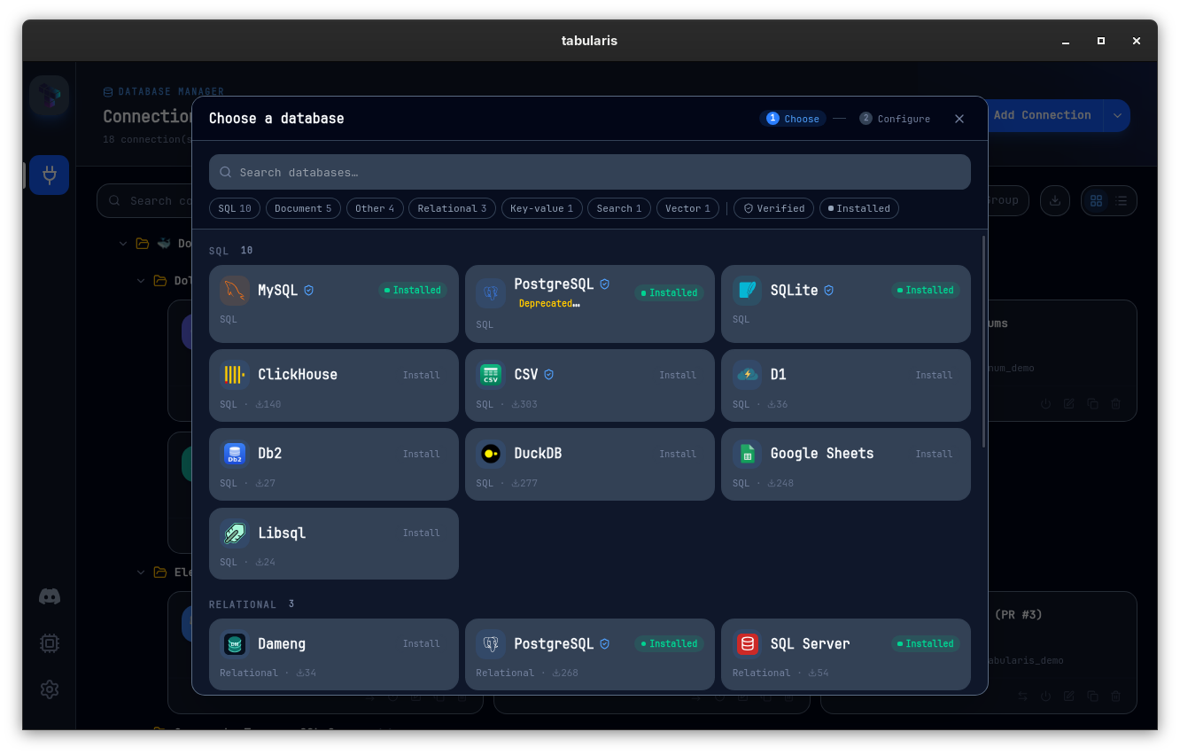The Choose a database catalogue with paradigm facets and Installed badges: the built-in PostgreSQL tile in the SQL group carries a Deprecated badge, while the PostgreSQL plugin tile sits in the Relational group next to the newly installed SQL Server plugin