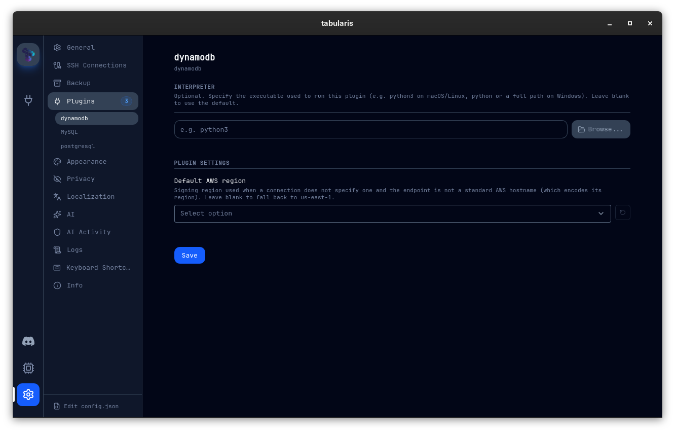 The DynamoDB plugin's page in Settings → Plugins, with a Default AWS region setting that acts as the fallback when a connection doesn't specify its own region through the new per-connection extra fields
