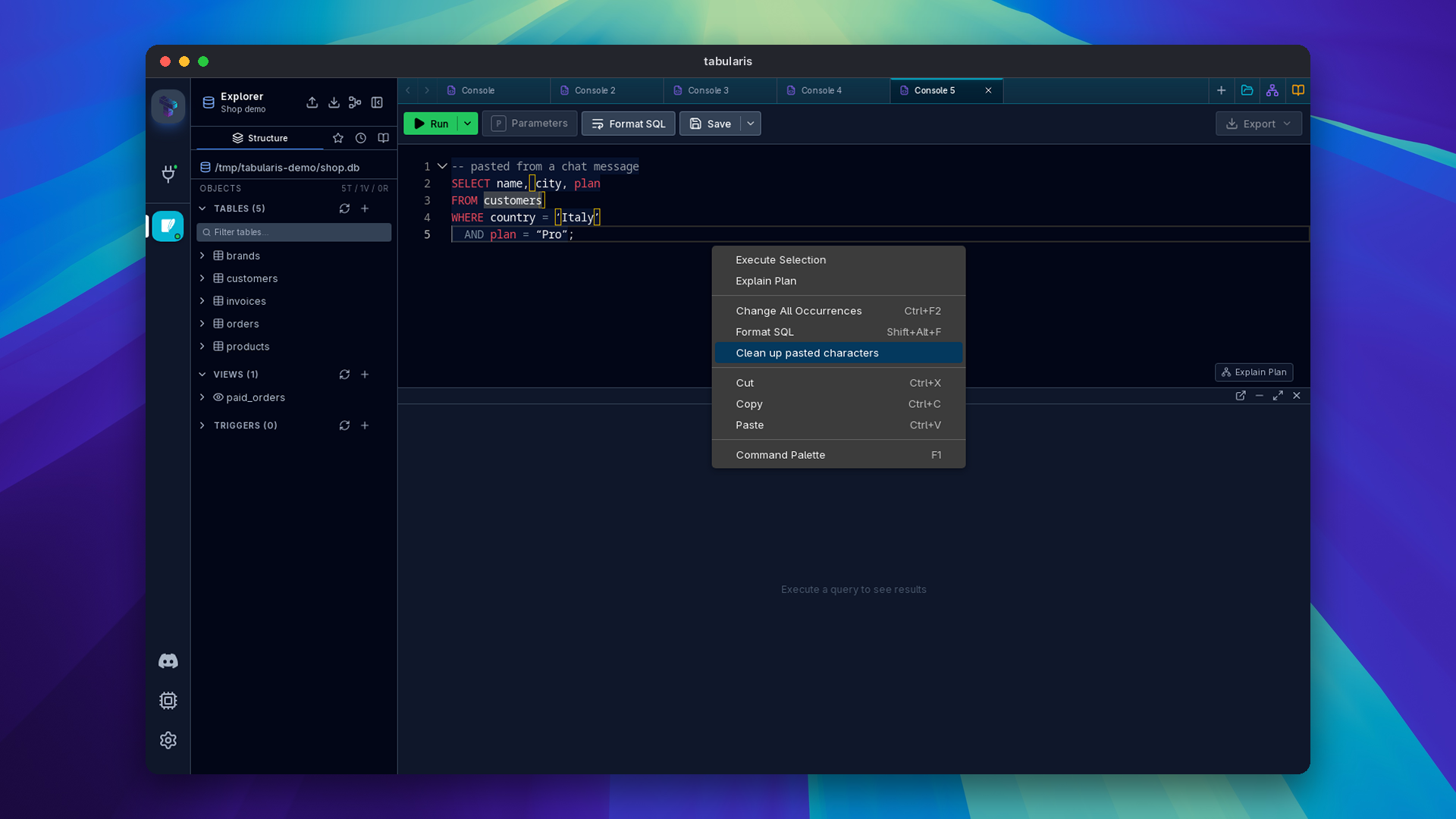 Pasted SQL with a non-breaking space, a zero-width space and curly quotes highlighted in the editor, with Clean up pasted characters in the context menu