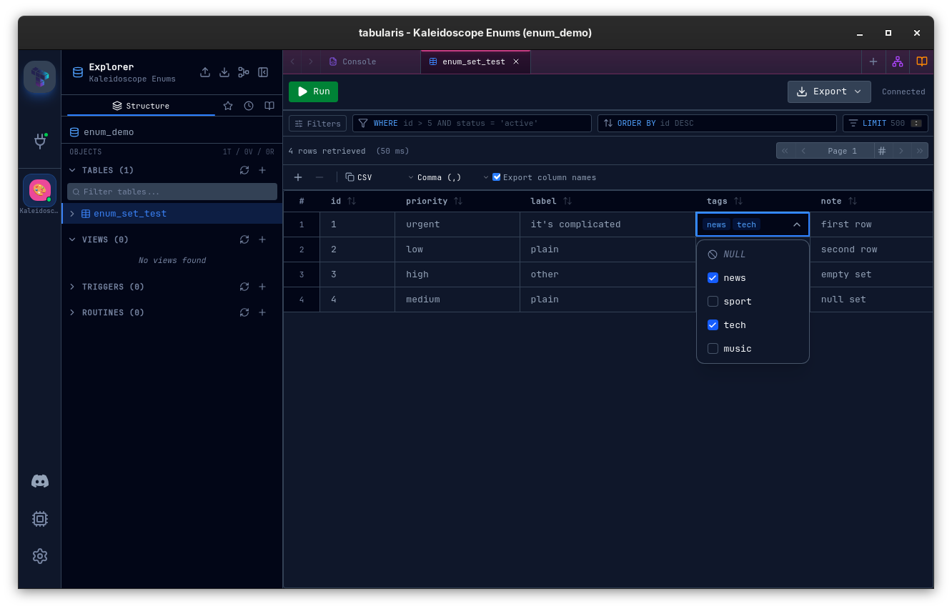 Editing a MySQL SET cell inline: the grid shows a dropdown of the allowed values with checkboxes and a NULL option
