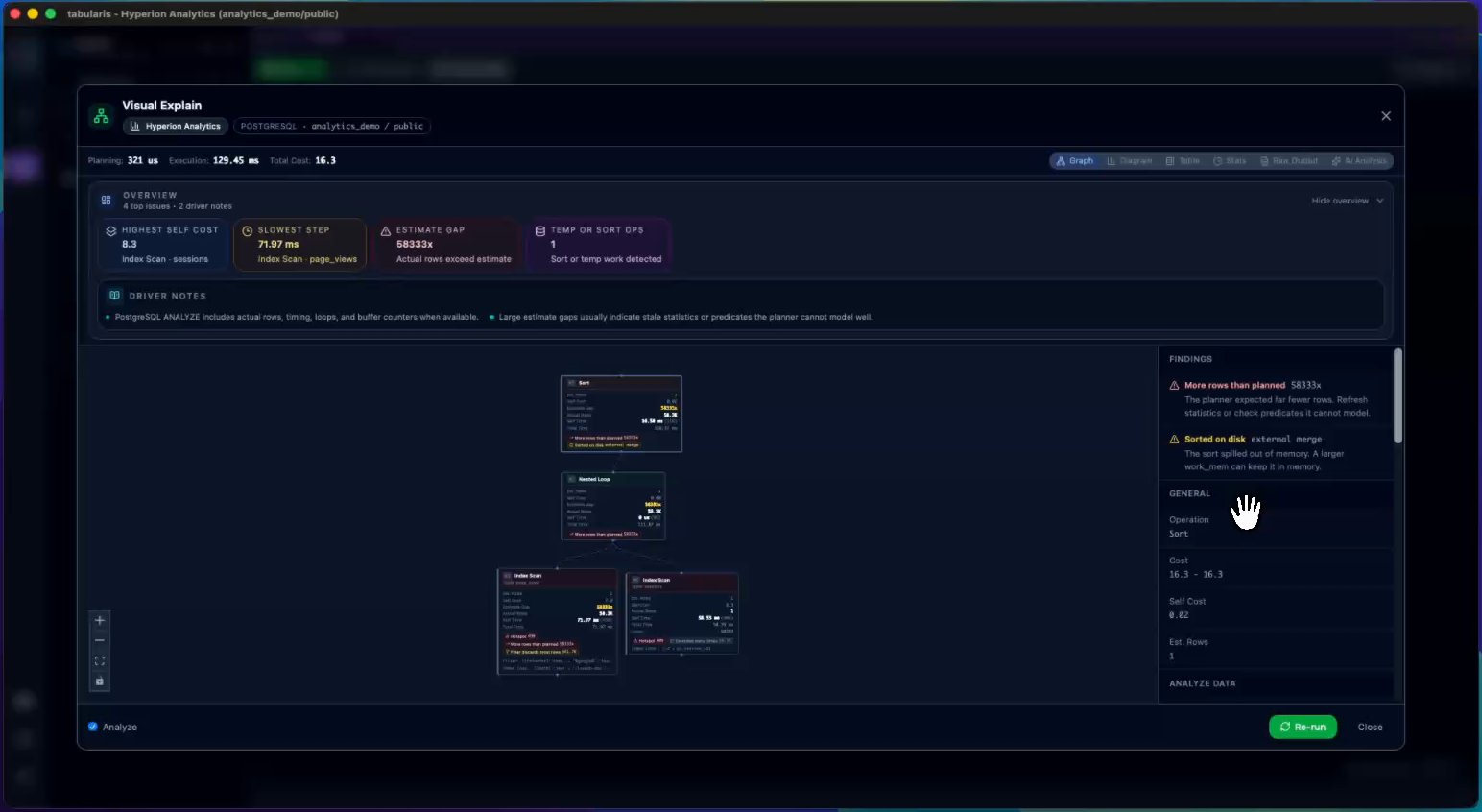 Graph view with finding chips on the nodes and one-line explanations in the details panel