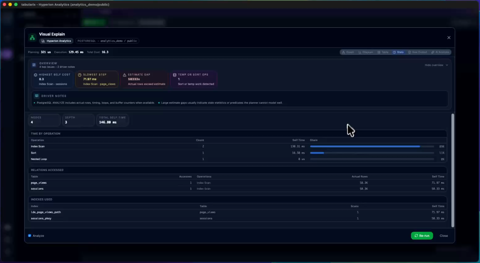 Stats view with time by operation, relations accessed, and indexes used