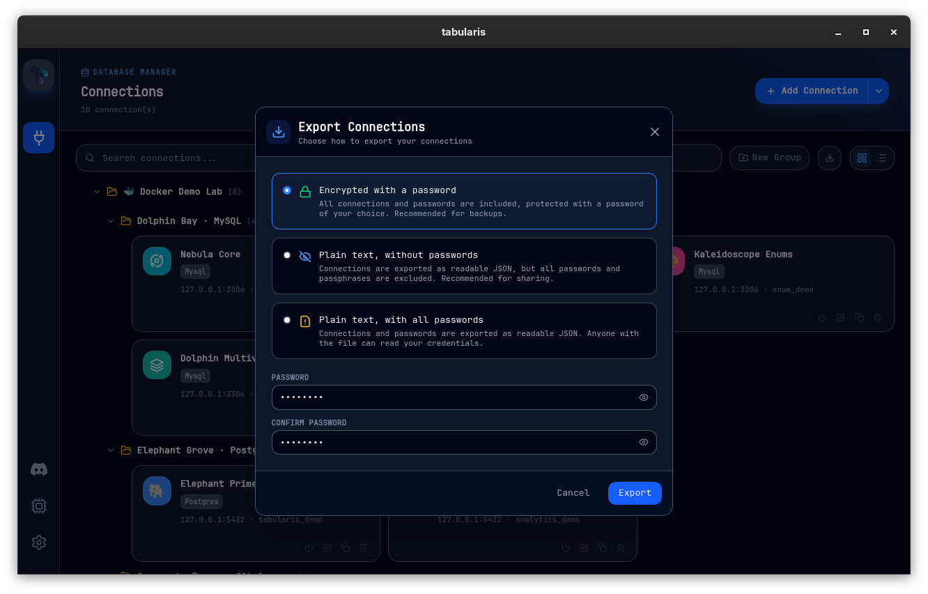 Export Connections modal offering the three export modes, with the encrypted option selected and password fields below