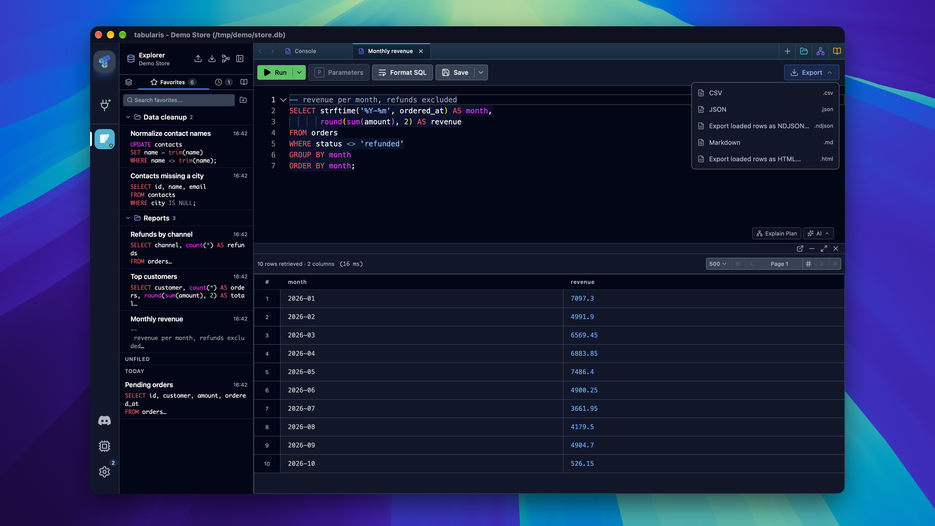 The Export menu of a query result listing CSV, JSON, NDJSON, Markdown and HTML