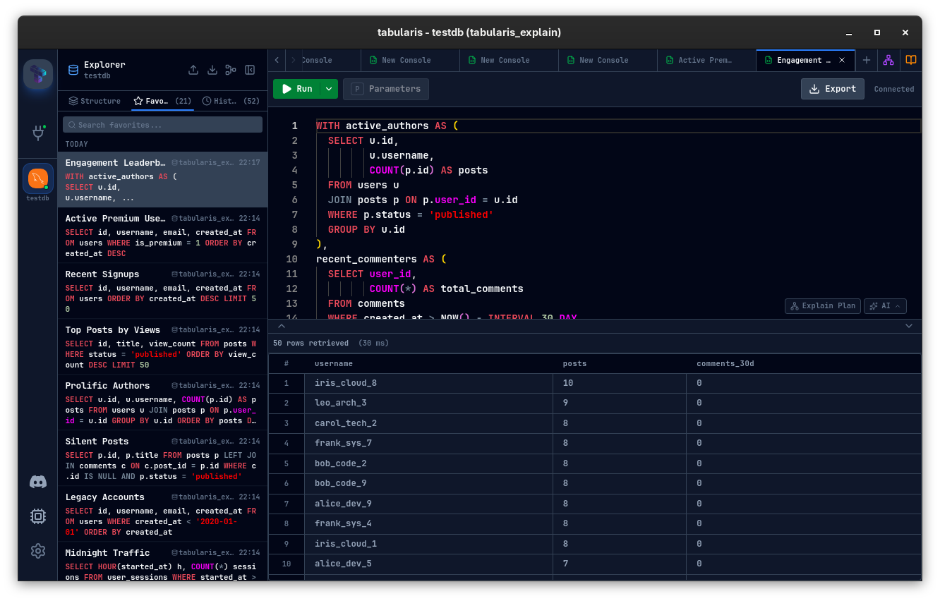 Explorer sidebar showing Favorites and History with highlighted SQL previews