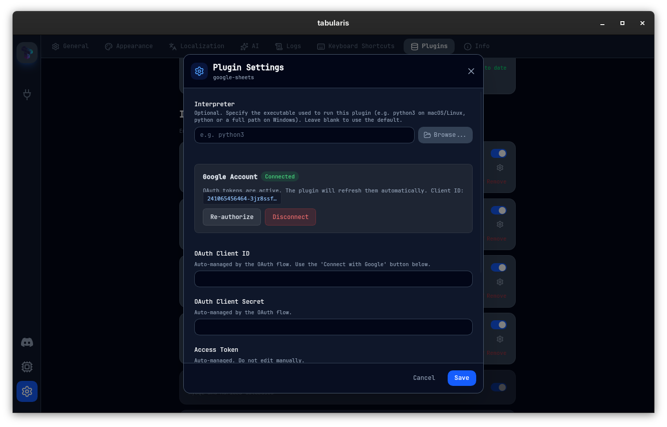 Plugin Settings for google-sheets showing Google Account Connected status with Re-authorize and Disconnect buttons