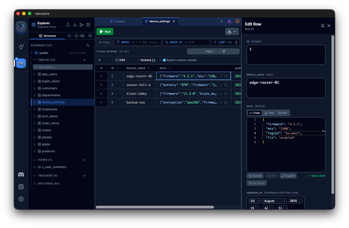 An hstore column open in the row-editor sidebar's JSON editor, labelled hstore, with its key/value pairs formatted and validated