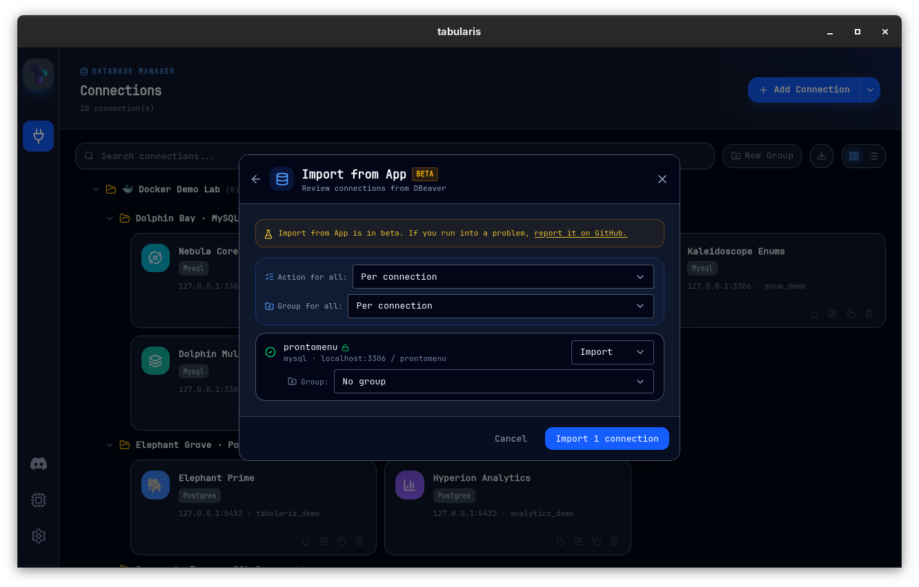 Import from App modal reviewing connections found in DBeaver, with per-connection action and target-group selectors