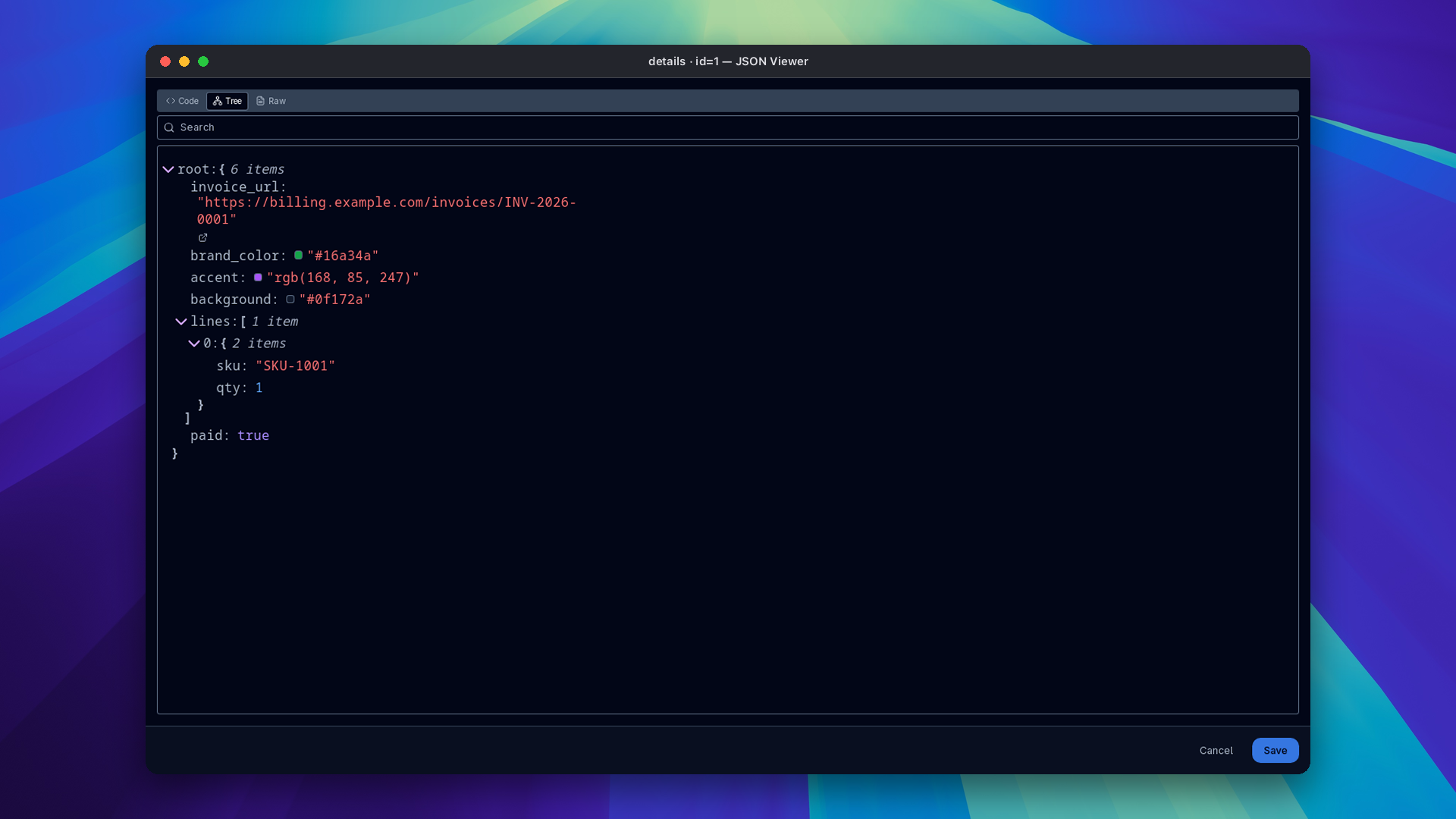 JSON viewer with an invoice URL and its open-link button, and color swatches next to hex and rgb values