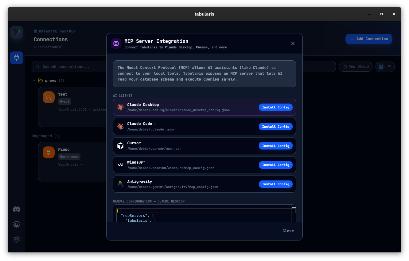 MCP Server Integration modal showing one-click install for Claude Desktop, Claude Code, Cursor, Windsurf, and Antigravity
